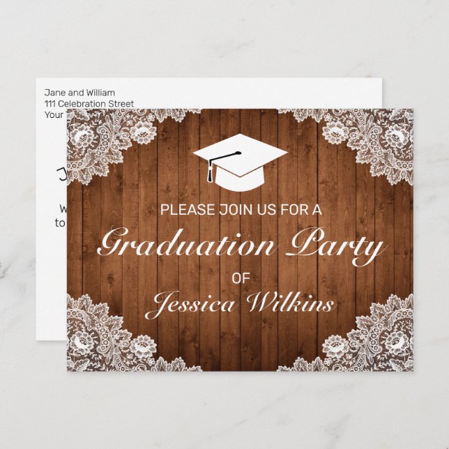 Convite de festa de formatura em renda branca de m (Frente/Verso)