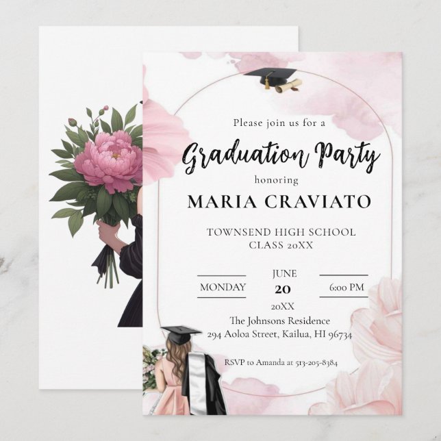 Convite de Festa de Formatura Floral Rosa Elegante (Frente/Verso)