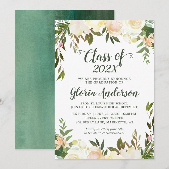 Convite de festa de formatura floral verde (Frente/Verso)