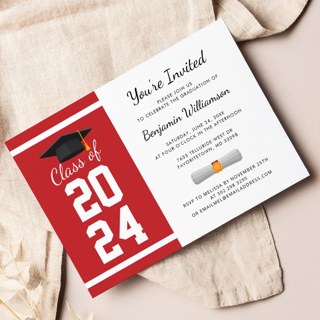Convite de Festa de Formatura Graduado 2026 (Graduation 2024 Script Red White Party Invitation)
