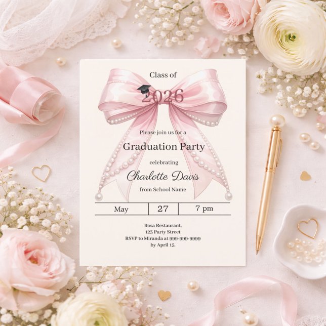 Convite de festa de formatura laço rosa creme (Criador carregado)