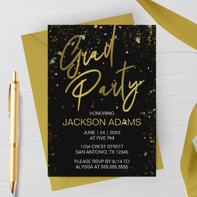 Convite de Festa de Formatura Moderna Festa de Gra (Gold and Black Graduation Party Invitation)
