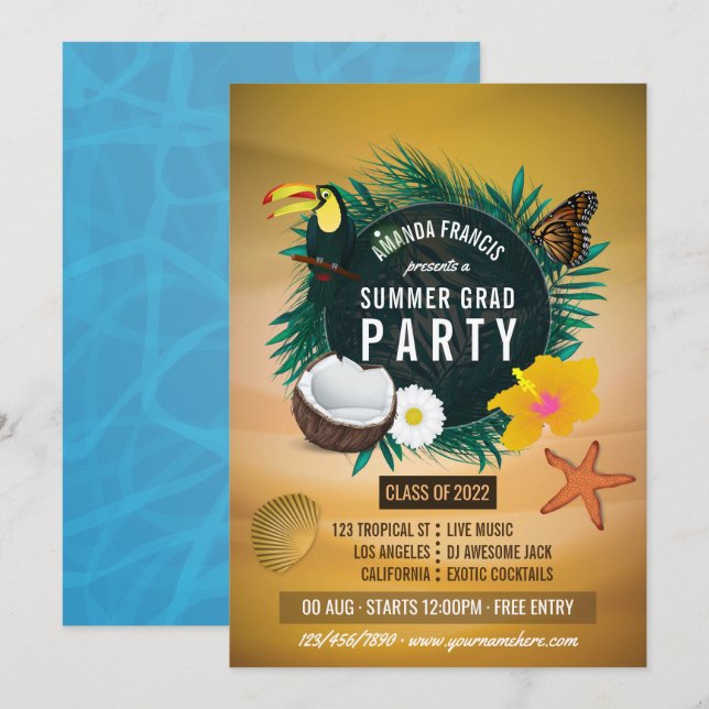 Convite de Festa de Formatura na Praia Tropical Ex (Frente/Verso)