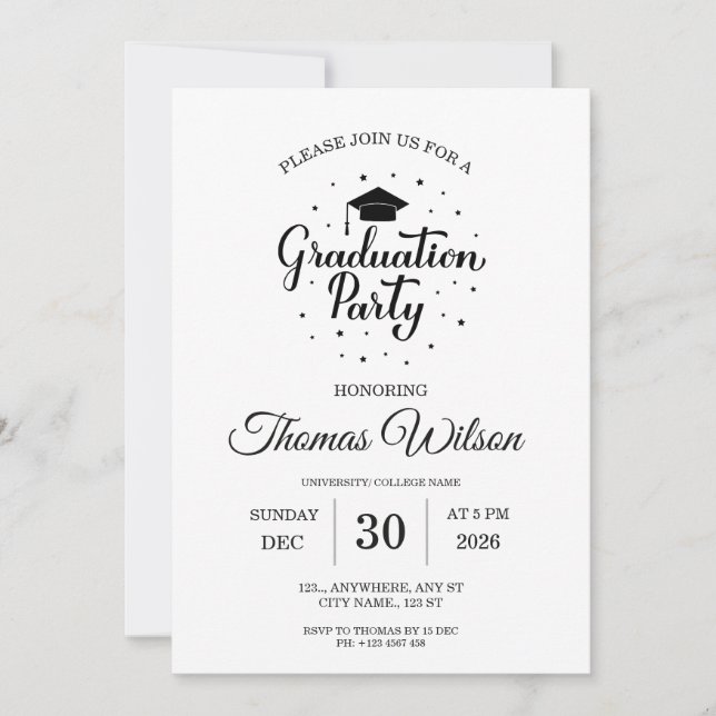 Convite de Festa de Formatura Preto e Branco Elega (Frente)