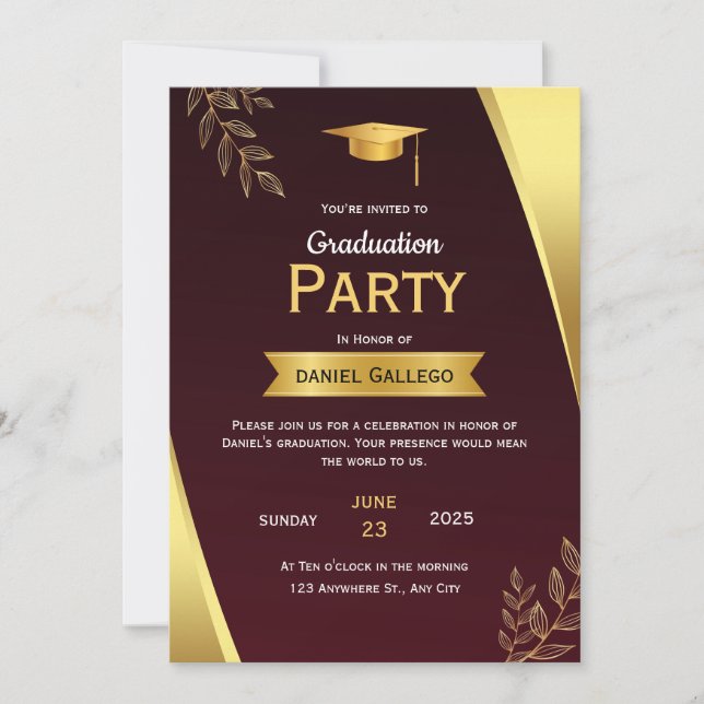 Convite de Festa de Formatura Vermelho e Dourado (Frente)