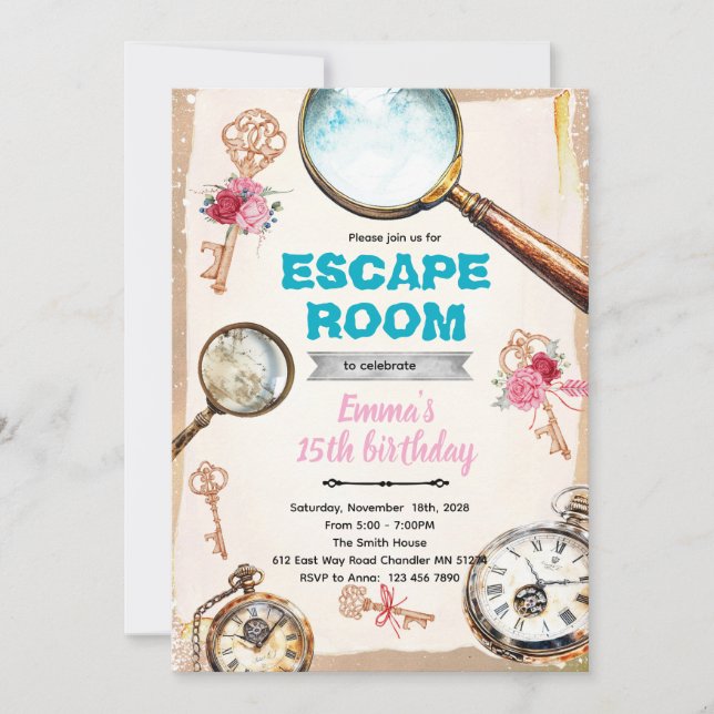 Convite de festa de garotas para escape room (Frente)