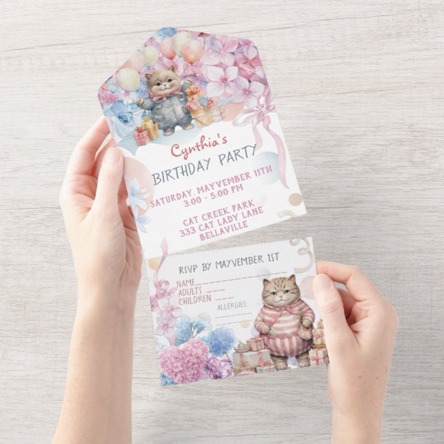 Convite de Festa de Gatos Fofos Tudo em Um (Aba destacável)