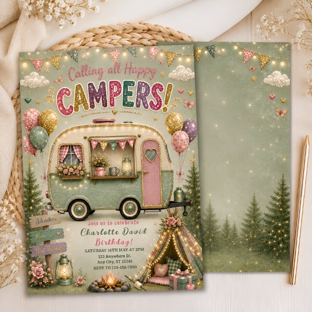 Convite de Festa de Glamping Verde Sálvia para Men (Criador carregado)