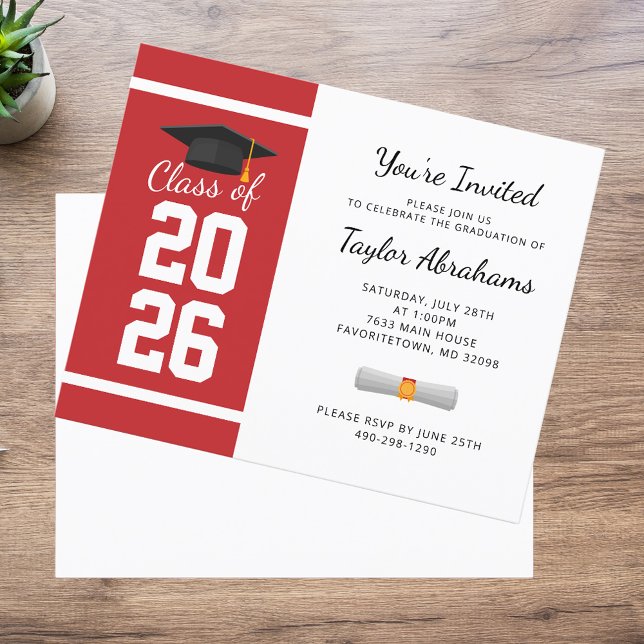 Convite de Festa de Graduação 2026 Vermelho Branco (Graduation White Red Bold 2025 Party Invitation)