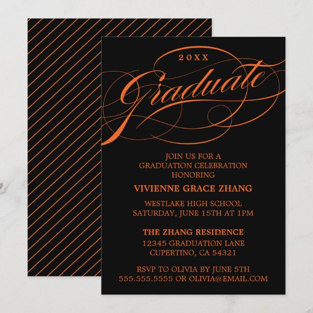 CONVITE DE FESTA DE GRADUAÇÃO COM ESCRITA ELEGANTE (Frente/Verso)