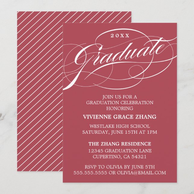 CONVITE DE FESTA DE GRADUAÇÃO COM ESCRITA ELEGANTE (Frente/Verso)