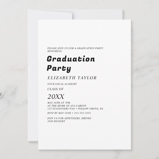 Convite de festa de graduação com tipografia preta (Frente)