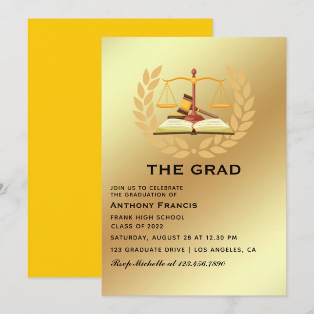 Convite de festa de graduação de advogado amarelo  (Frente/Verso)