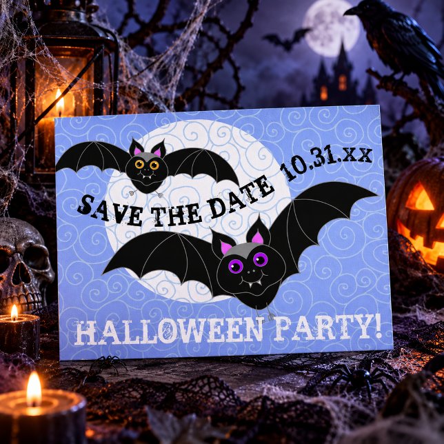 Convite de festa de Halloween Bats Moon Save the D (Bats Moon Save the Date Halloween Party Invitation Postcard)