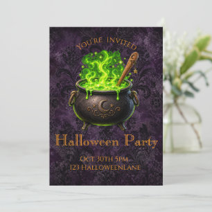 Convite de festa de Halloween Cauldron Witch Purpl