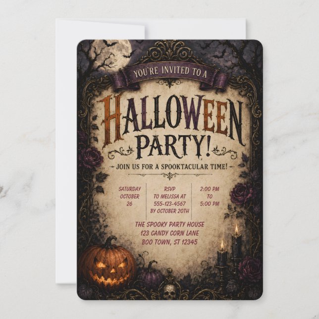 Convite de Festa de Halloween com Abóbora Gótica � (Frente)