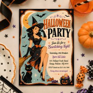 Convite de Festa de Halloween com Bruxa Pin-Up Ret