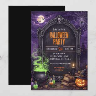 Convite de festa de Halloween com caldeirão de bru