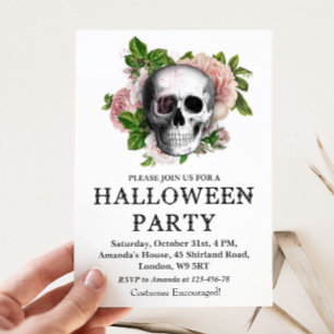 Convite de festa de Halloween com caveira floral