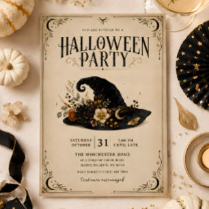 Convite de festa de Halloween com chapéu de bruxa