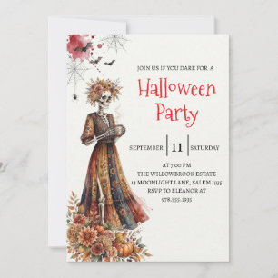 Convite de festa de Halloween com esqueleto de sen