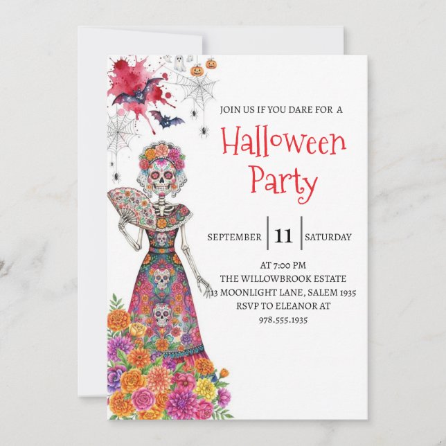 Convite de festa de Halloween com esqueleto de sen (Frente)