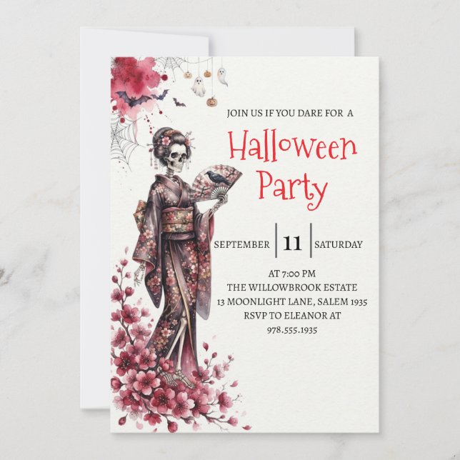 Convite de festa de Halloween com esqueleto de sen (Frente)