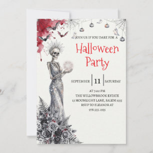 Convite de festa de Halloween com esqueleto de sen