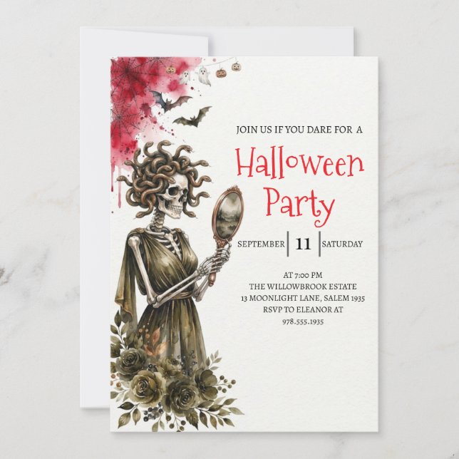 Convite de festa de Halloween com esqueleto de sen (Frente)