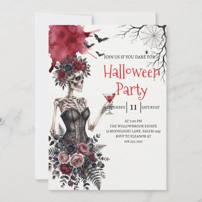 Convite de festa de Halloween com esqueleto de sen (Frente)