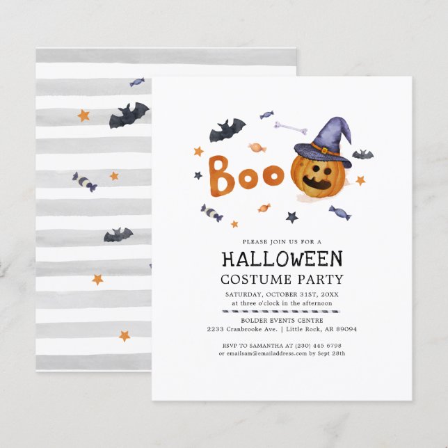 Convite de festa de Halloween com fantasia de abób (Frente/Verso)