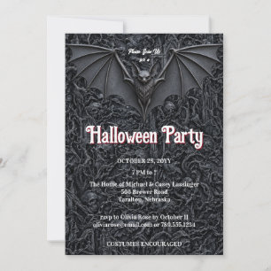 Convite de festa de Halloween com morcego e lápide