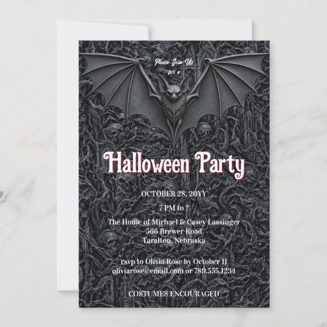 Convite de festa de Halloween com morcego e lápide (Frente)