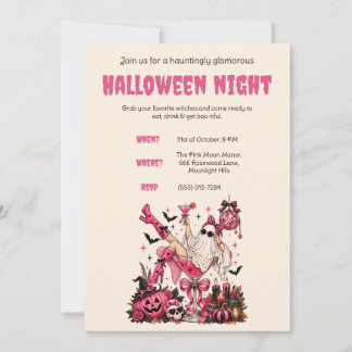 Convite de festa de Halloween com tema rosa