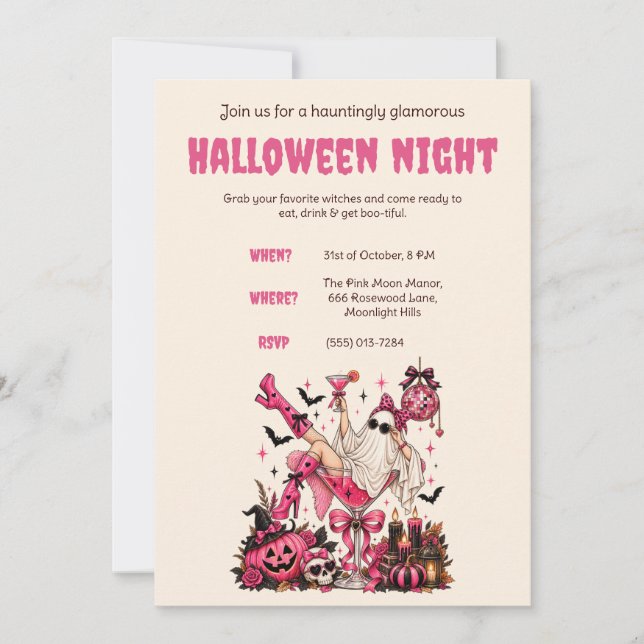 Convite de festa de Halloween com tema rosa (Frente)