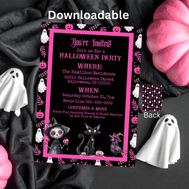 Convite de festa de Halloween cor-de-rosa preto e  (Criador carregado)