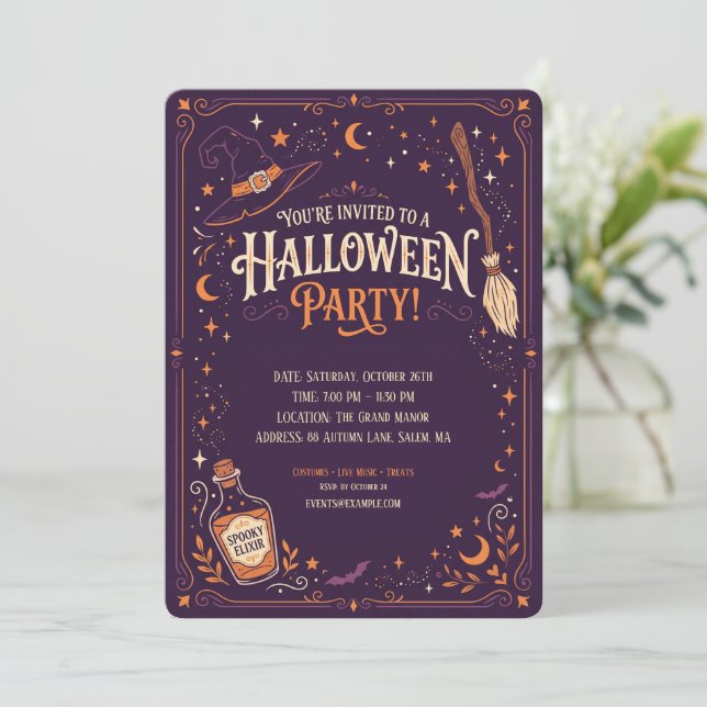 Convite de Festa de Halloween da Bruxa Elegante (Em pé/Frente)
