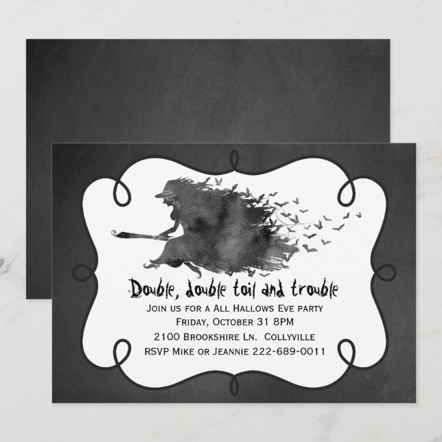 Convite de festa de Halloween da Bruxa Voadora (Frente/Verso)