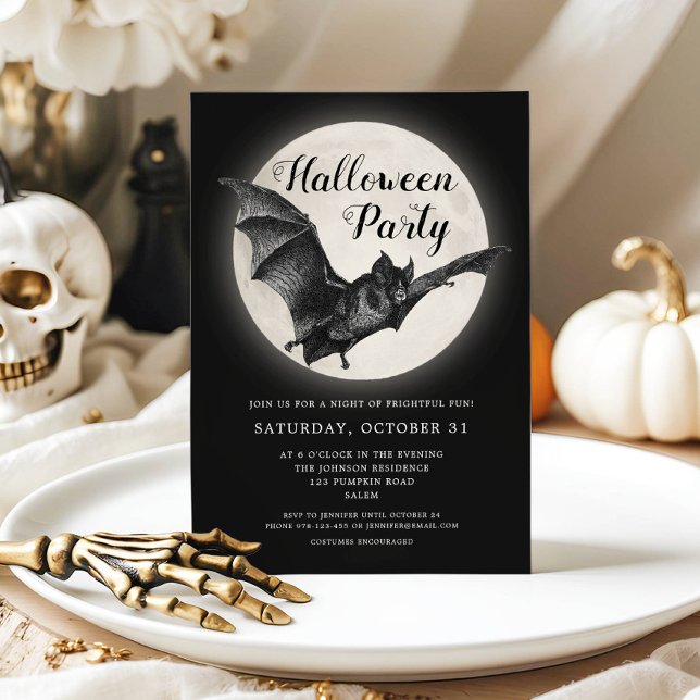 Convite de Festa de Halloween da Lua Cheia do Morc (Black Bat Full Moon Halloween Party Invitation)