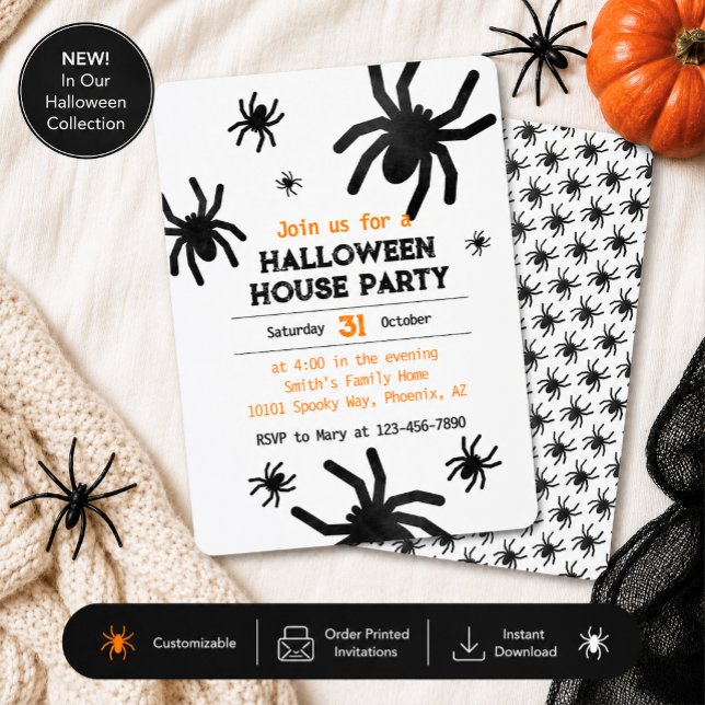 Convite de Festa de Halloween de Aranha Moderna (Modern spider Halloween invitation with printed and instant download options for spooky celebrations)