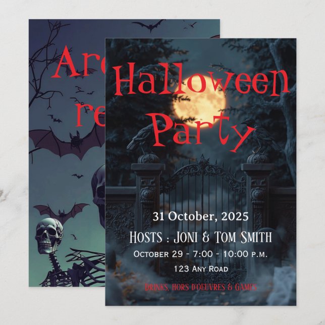 Convite de festa de Halloween de portão assombrado (Frente/Verso)
