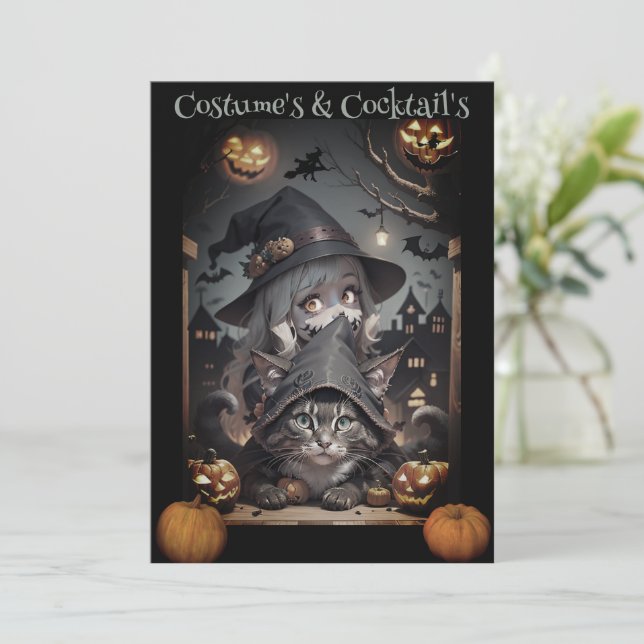 Convite de Festa de Halloween de uma Bruxa e seu G (Em pé/Frente)