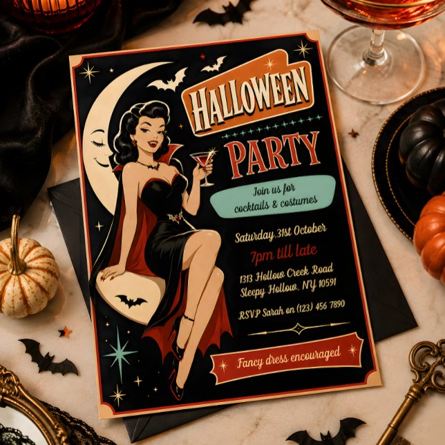 Convite de Festa de Halloween de Vampiro Pin-Up Re (Criador carregado)