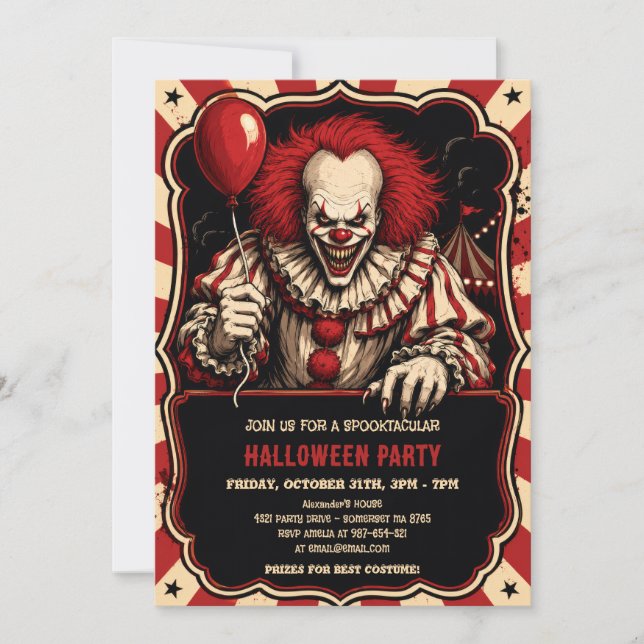 Convite de Festa de Halloween do Palhaço de Terror (Frente)