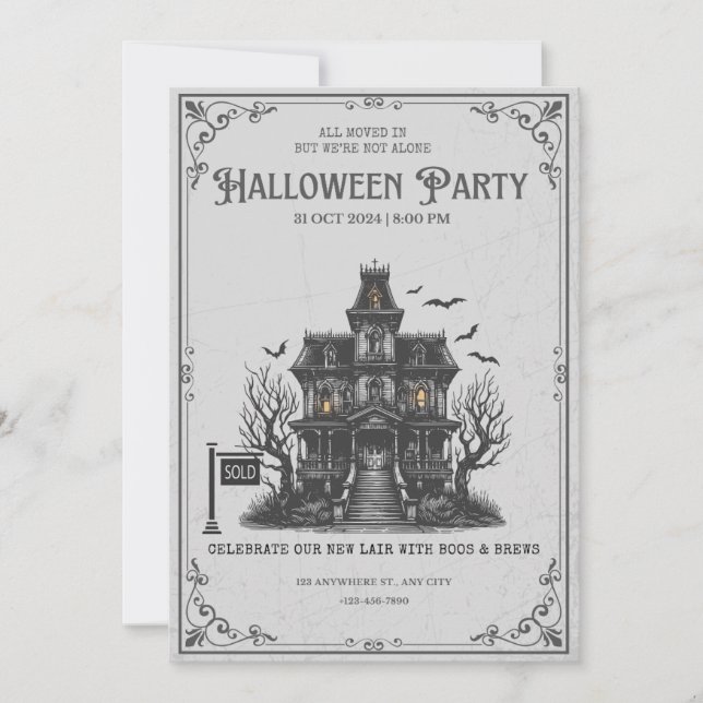 Convite de Festa de Halloween em Casa Assombrada e (Frente)