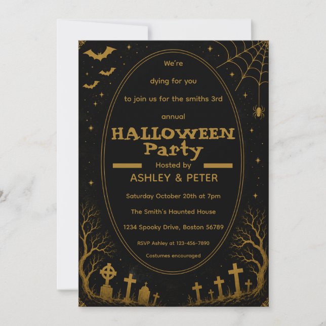 Convite de festa de Halloween em ouro editável (Frente)