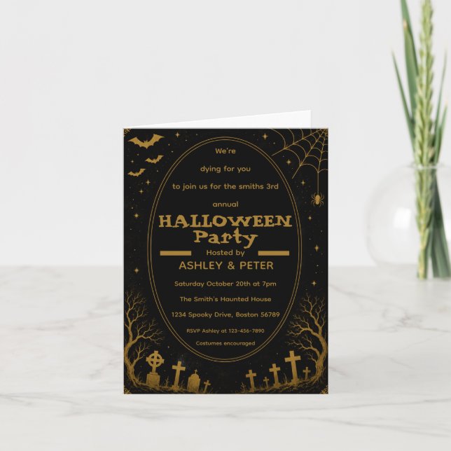 Convite de festa de Halloween em ouro editável (Frente)