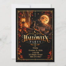 Convite de festa de Halloween em preto dourado ele