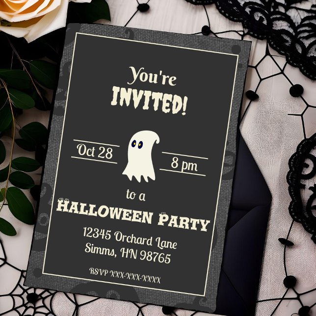 Convite de Festa de Halloween Fantasma Preto e Bra (Criador carregado)