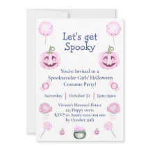 Convite de festa de Halloween feminino cor-de-rosa